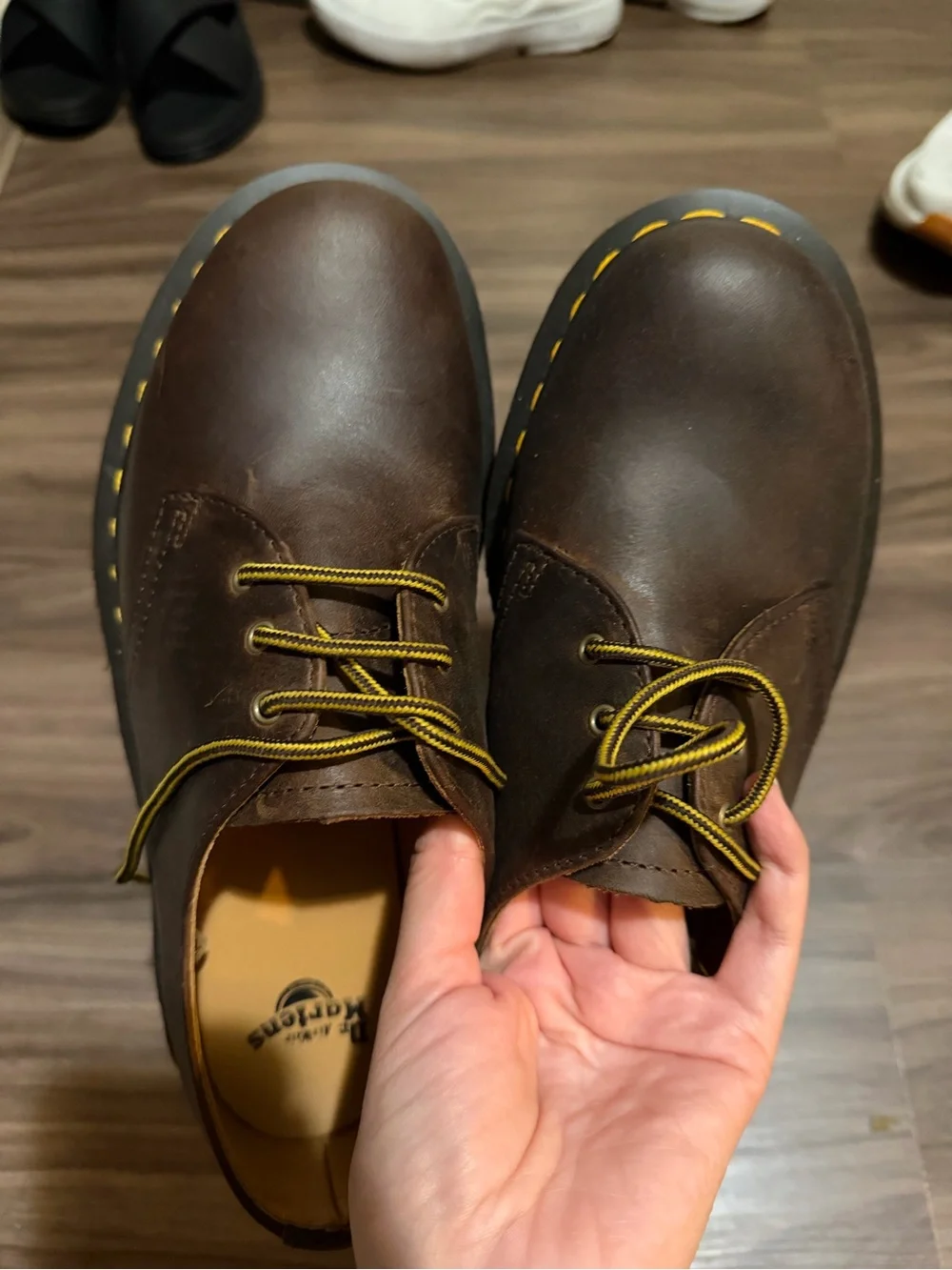 Dr. Martens Brown Leather Lace-Up Flats with Yellow Stitching